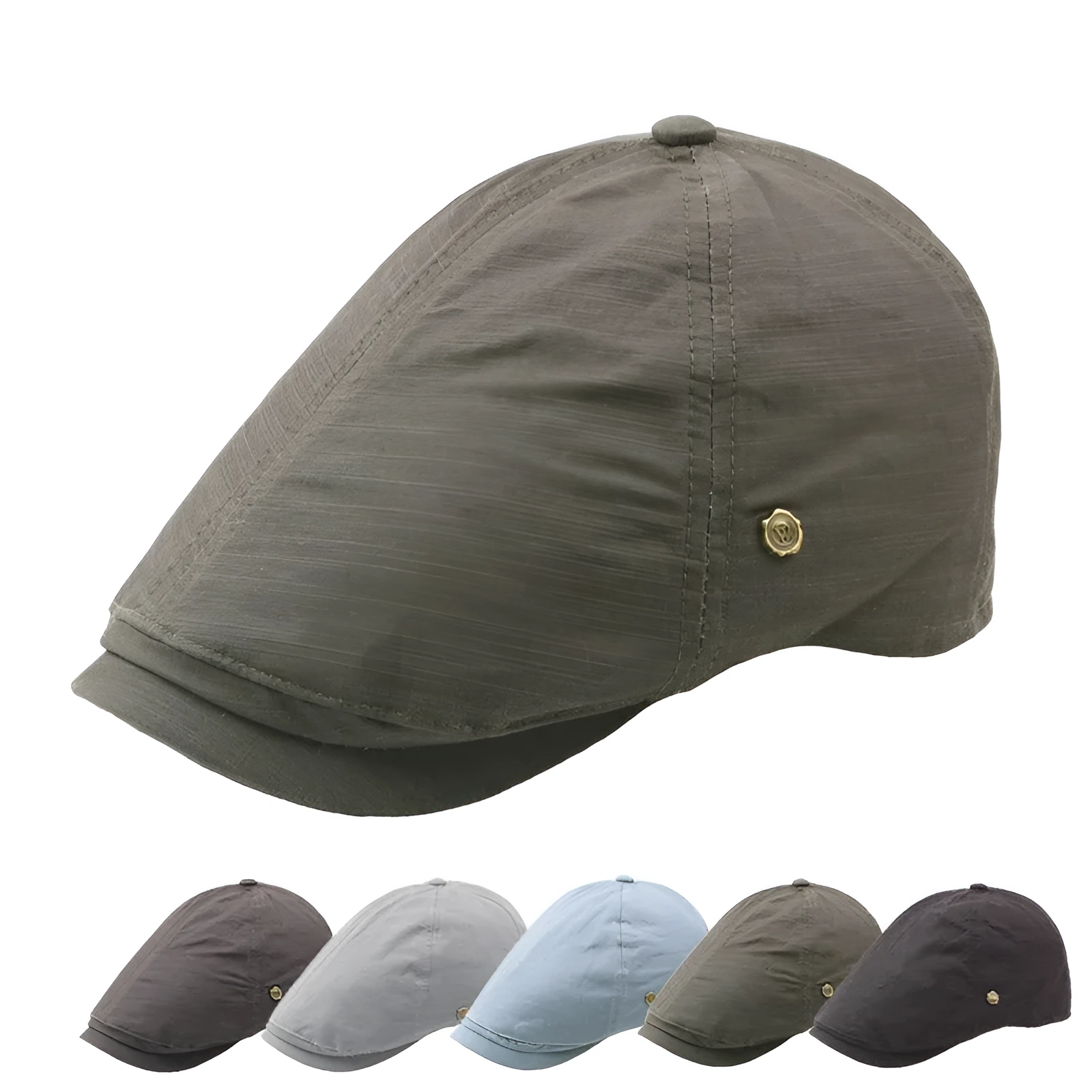 Plaid men's flat cap with copper button in cotton linen, distressed finish, adjustable fit, solid colour collection