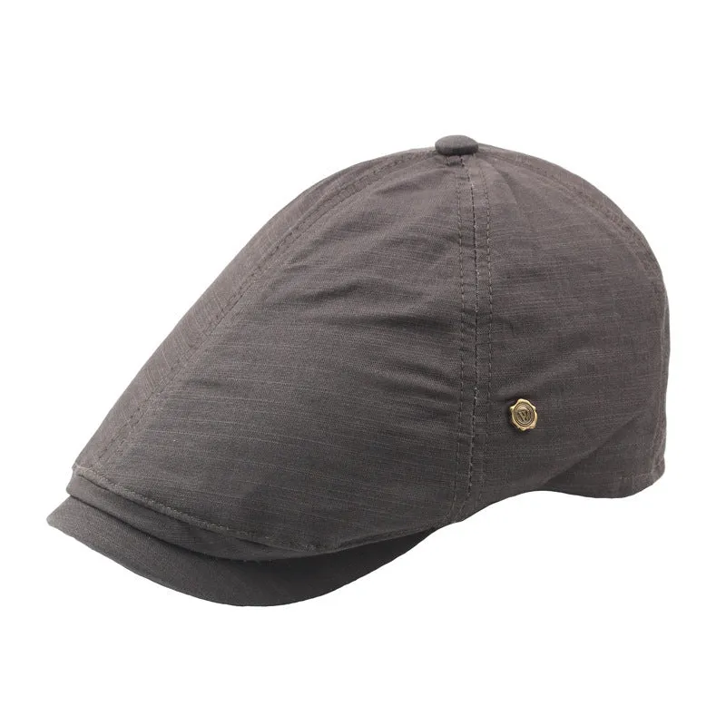 Plaid men's flat cap with copper button in cotton linen, distressed finish, adjustable fit, solid colour collection