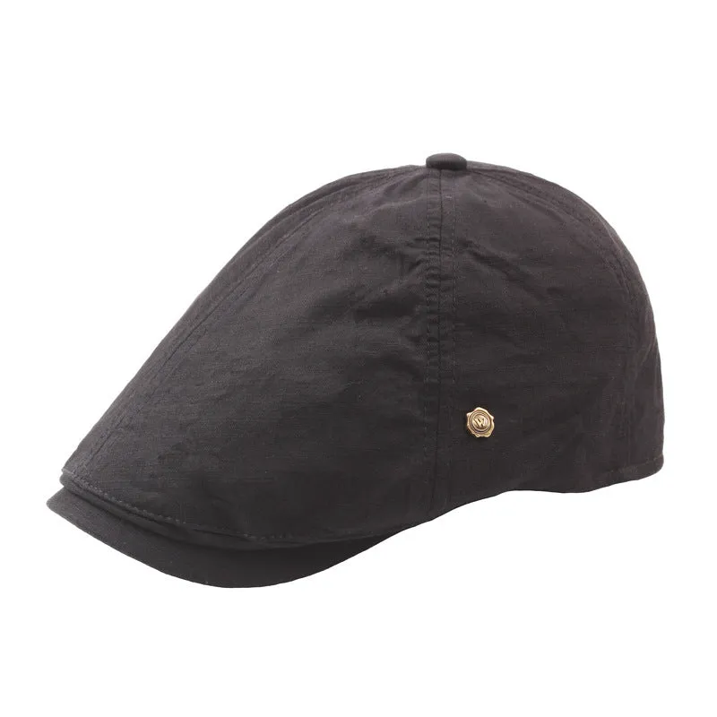 Plaid men's flat cap with copper button in cotton linen, distressed finish, adjustable fit, solid colour collection
