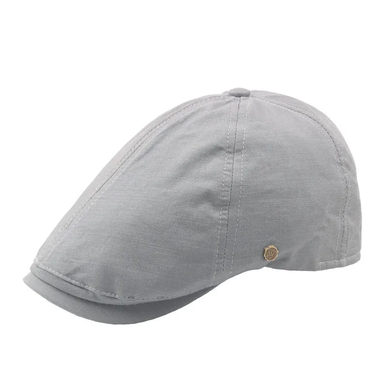 Plaid men's flat cap with copper button in cotton linen, distressed finish, adjustable fit, solid colour collection
