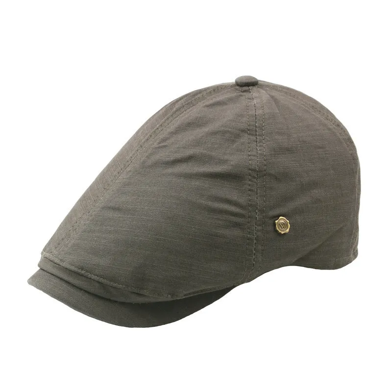 Plaid men's flat cap with copper button in cotton linen, distressed finish, adjustable fit, solid colour collection