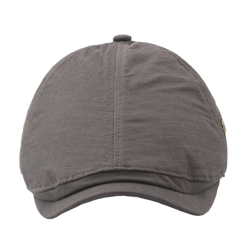 Plaid men's flat cap with copper button in cotton linen, distressed finish, adjustable fit, solid colour collection