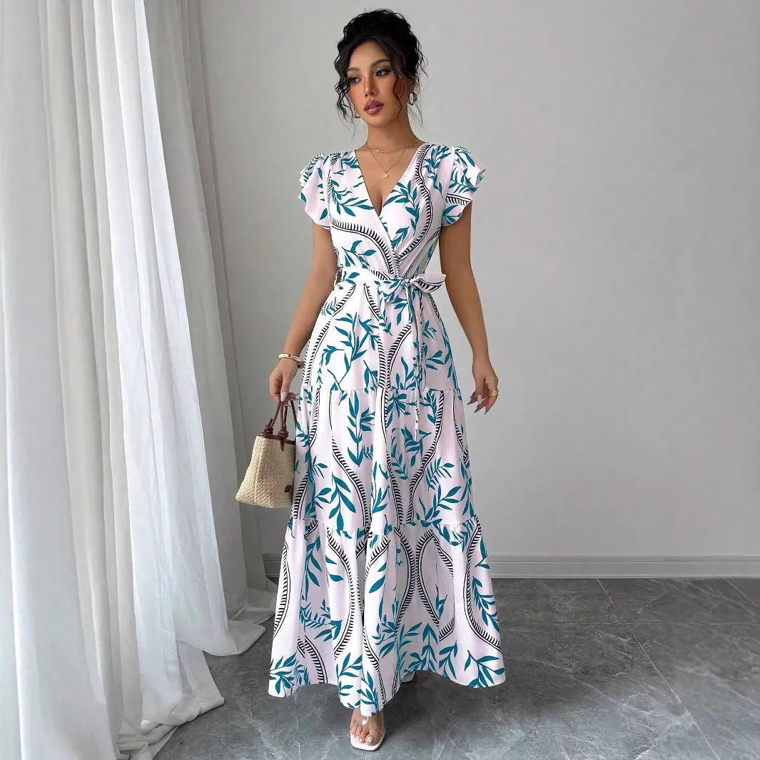 Lace-up floral short-sleeve ruffle sleeve midi dress in polyester, navy blue colour