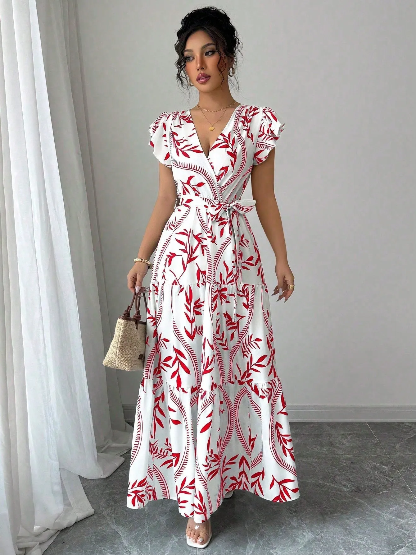 Lace-up floral short-sleeve ruffle sleeve midi dress in polyester, navy blue colour