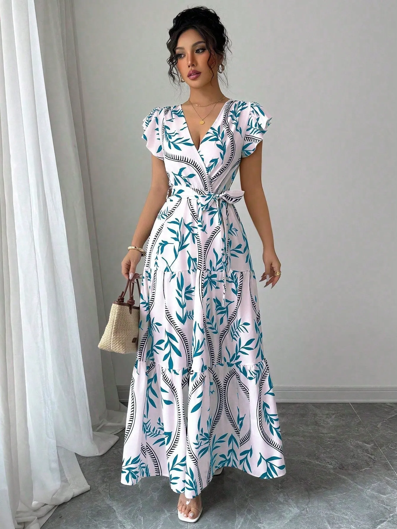 Lace-up floral short-sleeve ruffle sleeve midi dress in polyester, navy blue colour