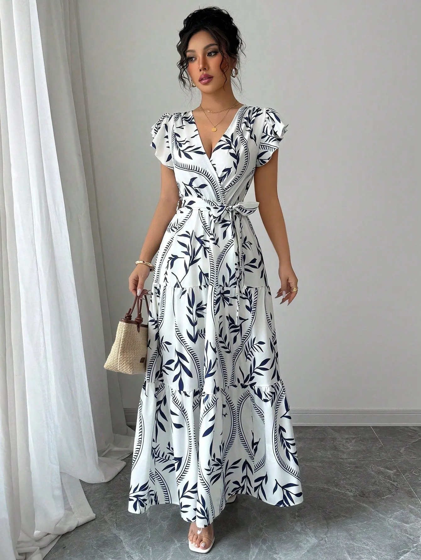 Lace-up floral short-sleeve ruffle sleeve midi dress in polyester, navy blue colour