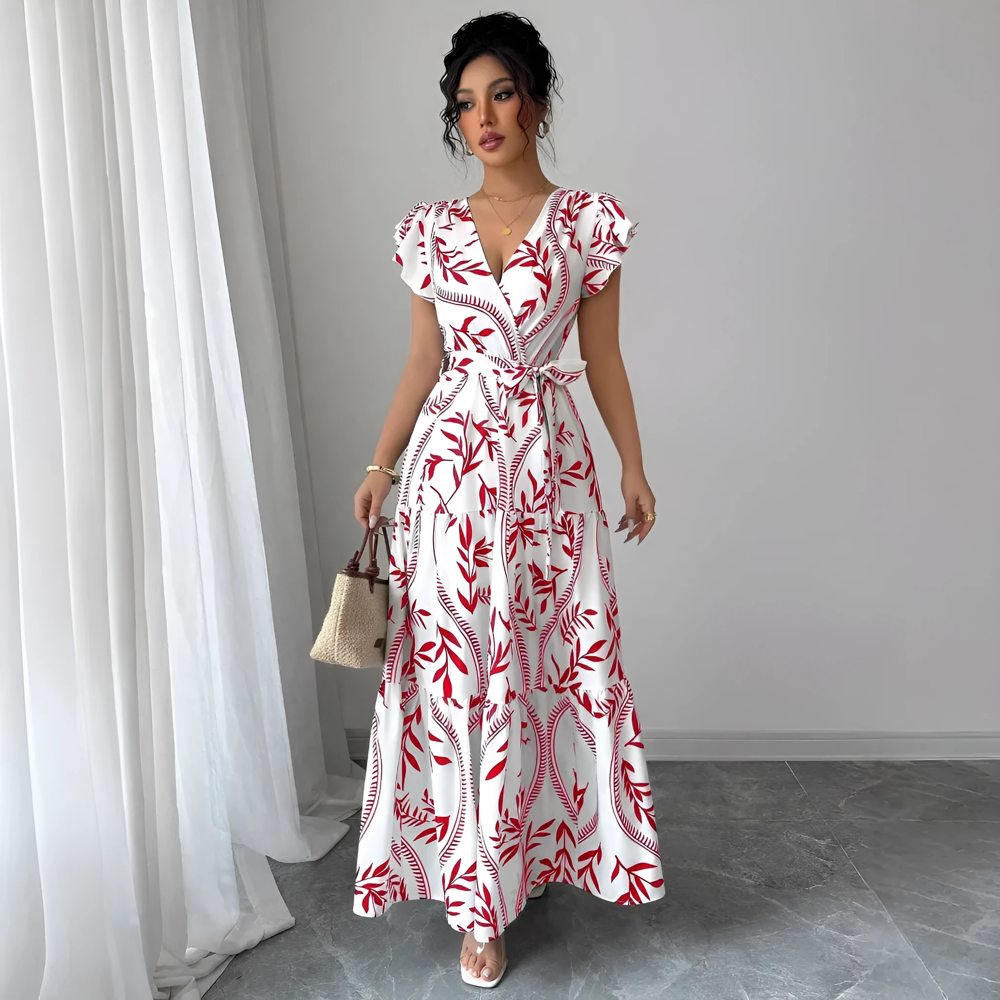 Lace-up floral short-sleeve ruffle sleeve midi dress in polyester, navy blue colour