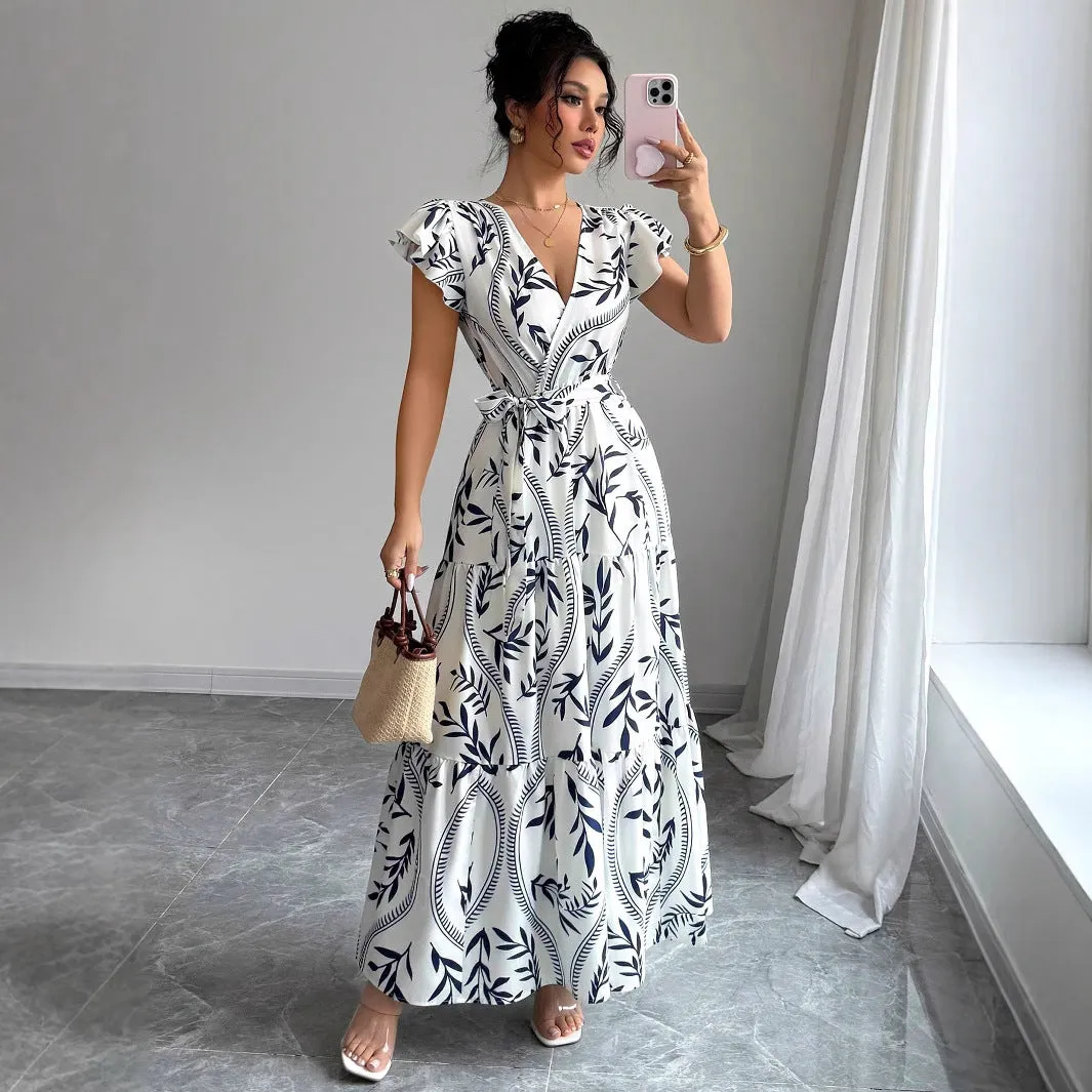 Lace-up floral short-sleeve ruffle sleeve midi dress in polyester, navy blue colour