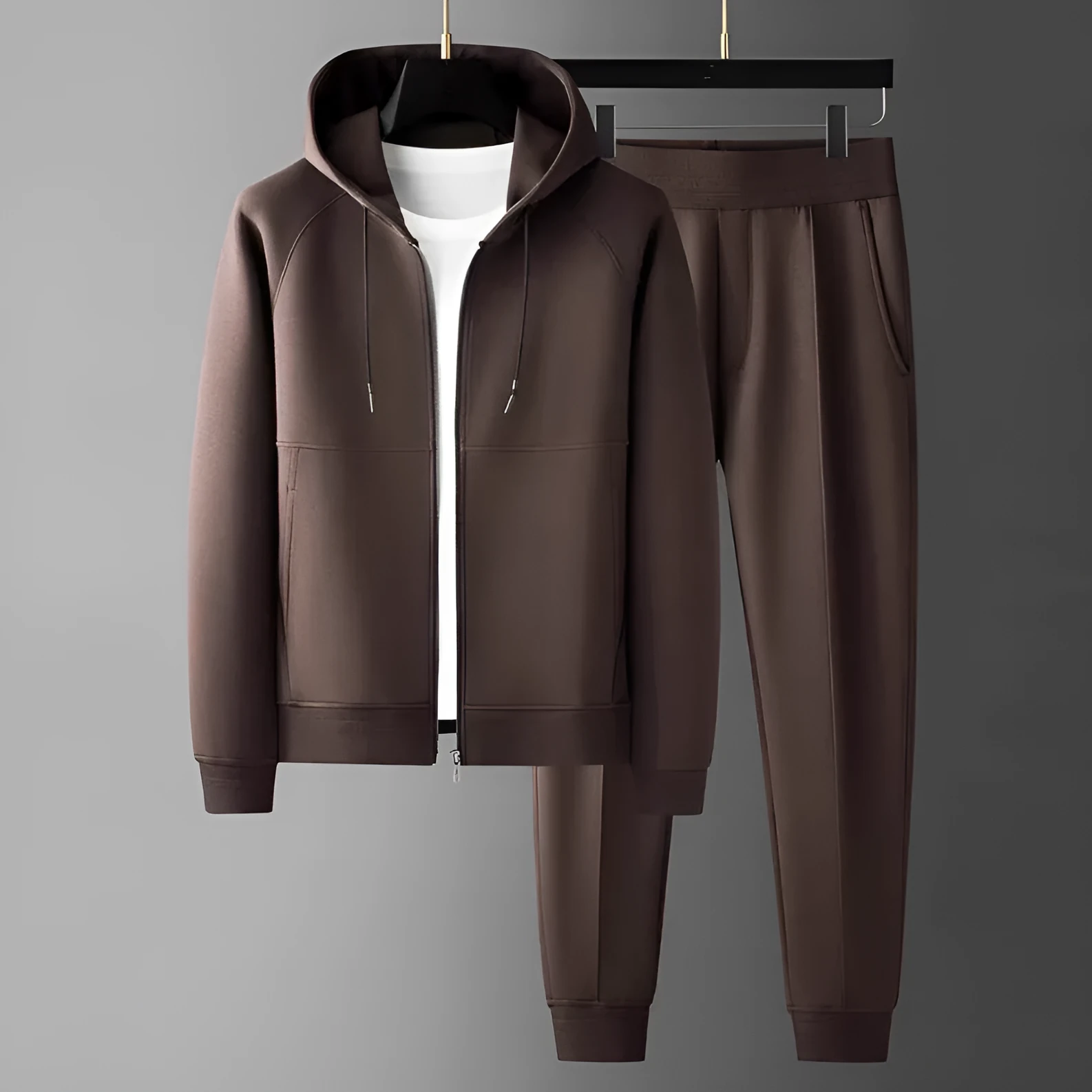Men's casual modal cardigan suit set with hood and wrinkle-free finish in brown, loose fit, autumn sportswear