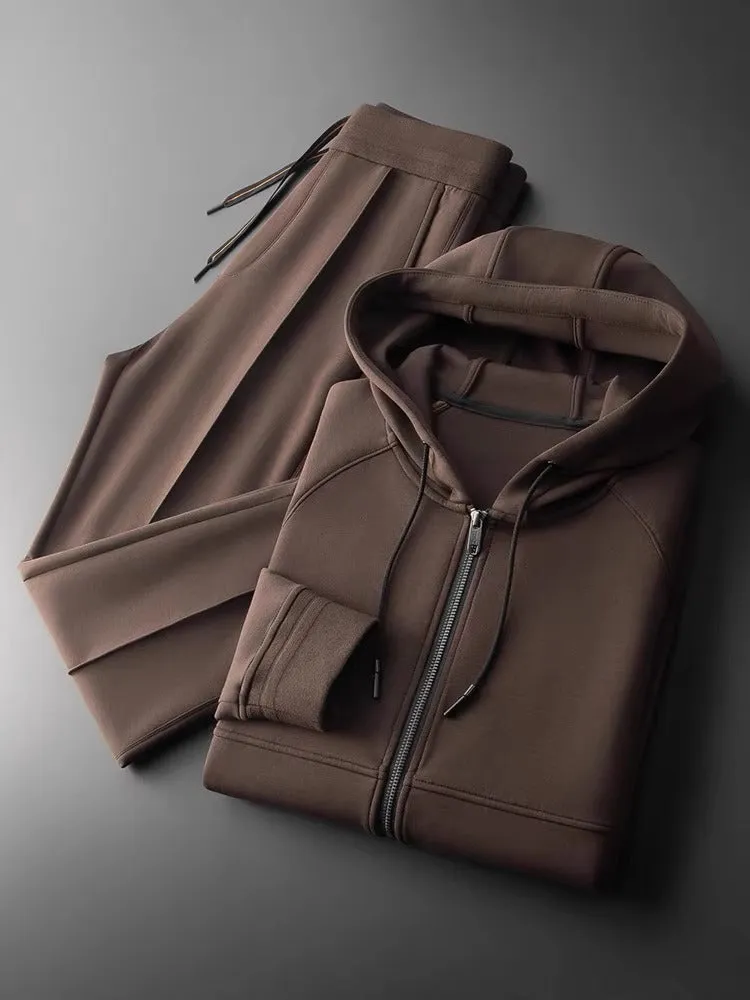 Men's casual modal cardigan suit set with hood and wrinkle-free finish in brown, loose fit, autumn sportswear