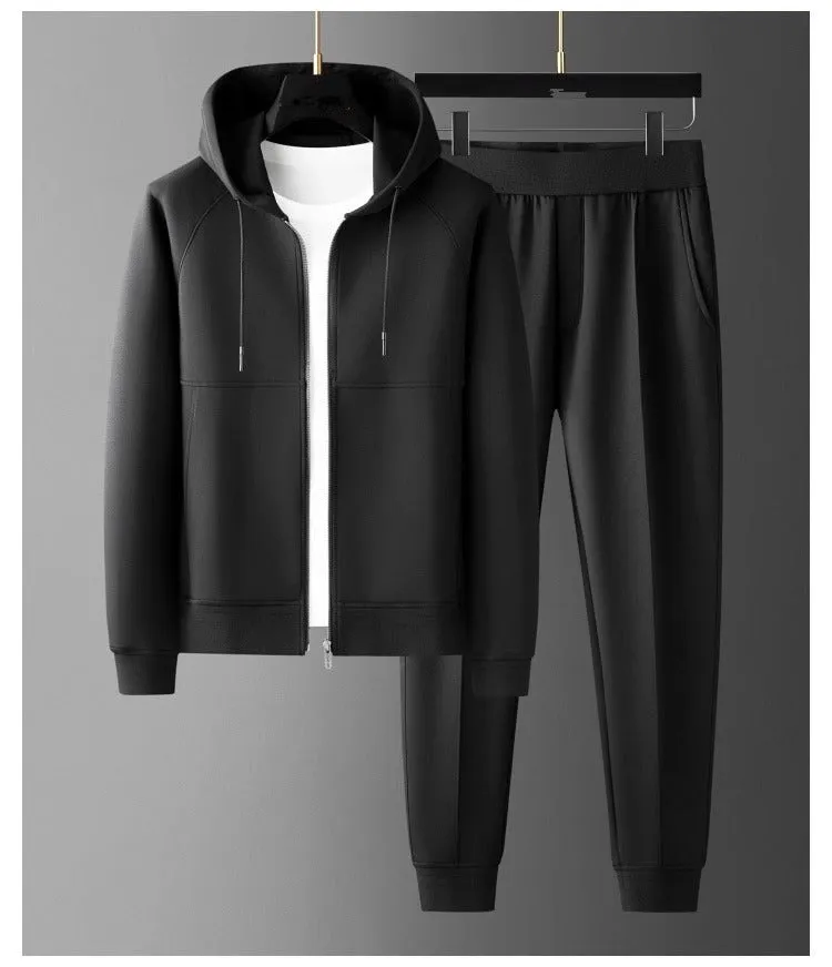Men's casual modal cardigan suit set with hood and wrinkle-free finish in brown, loose fit, autumn sportswear