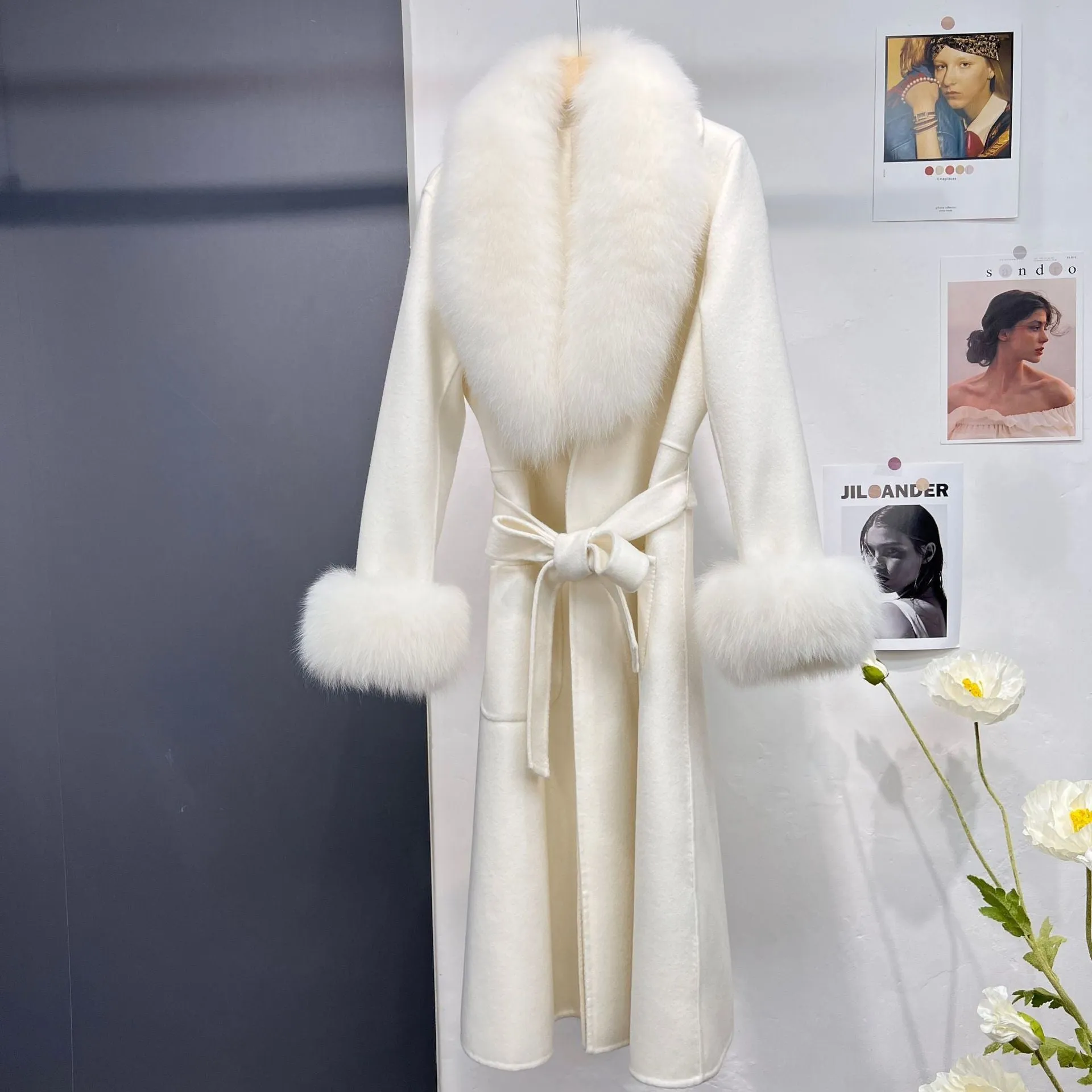 Women's double-sided wool long coat with detachable fox fur collar in cream, autumn winter cloak style