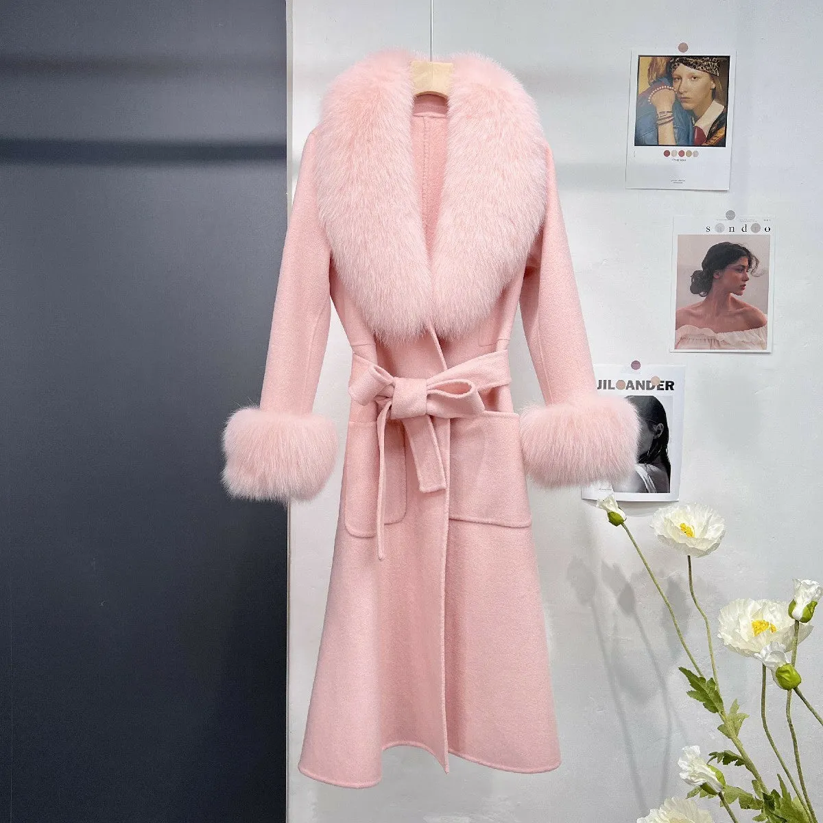 Women's double-sided wool long coat with detachable fox fur collar in cream, autumn winter cloak style