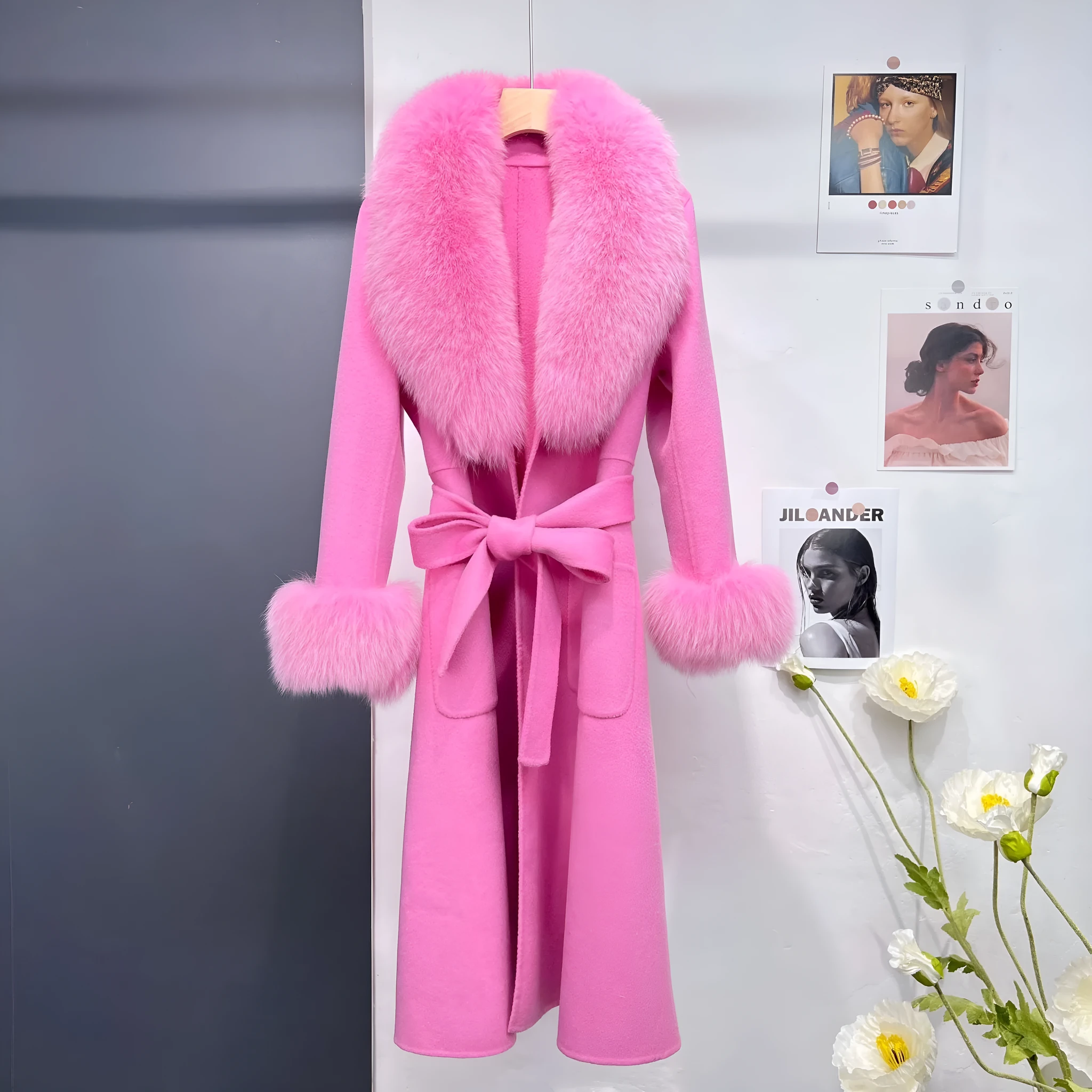 Women's double-sided wool long coat with detachable fox fur collar in cream, autumn winter cloak style