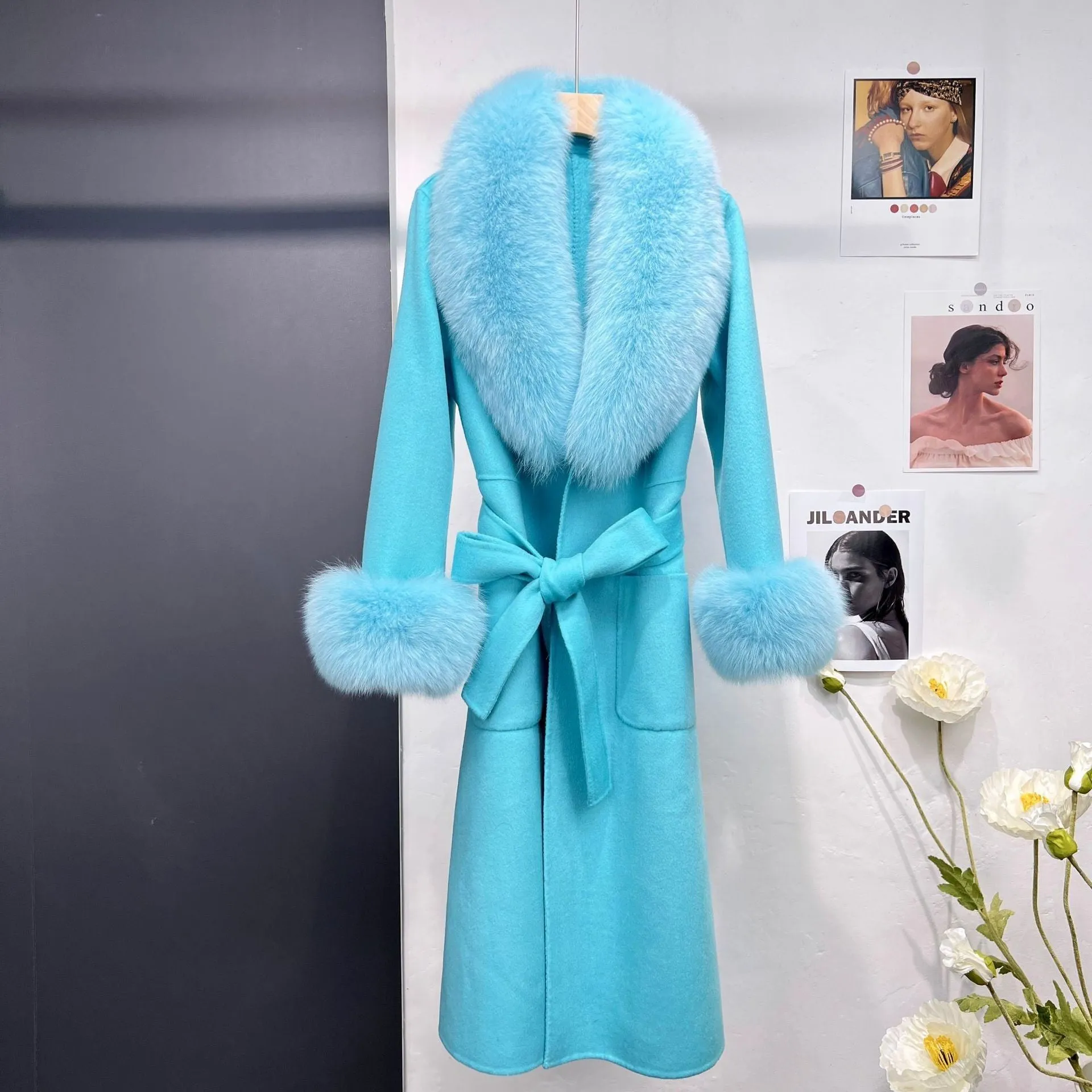 Women's double-sided wool long coat with detachable fox fur collar in cream, autumn winter cloak style