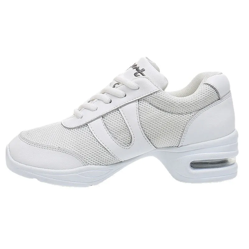 Modern women white dancing shoes with breathable mesh upper and polyurethane sole