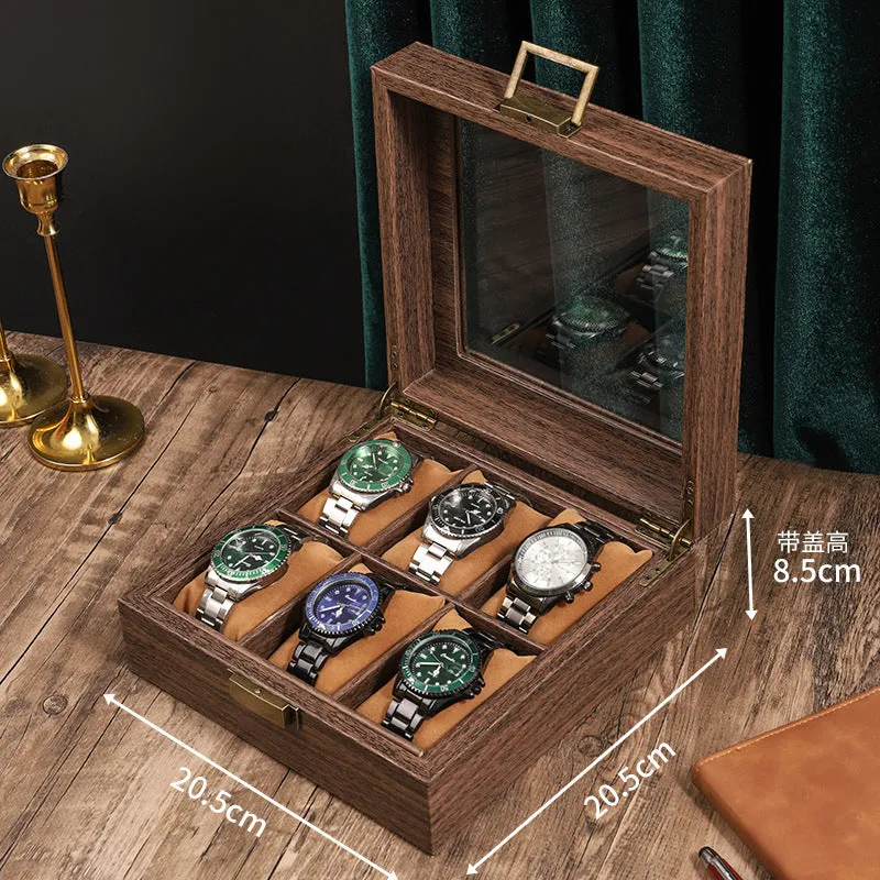 Wood grain PU leather watch storage box with glass lid showing multiple slots with soft pillows