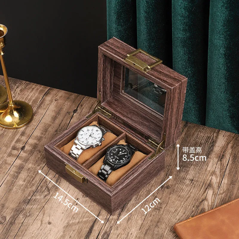 Wood grain PU leather watch storage box with glass lid showing multiple slots with soft pillows