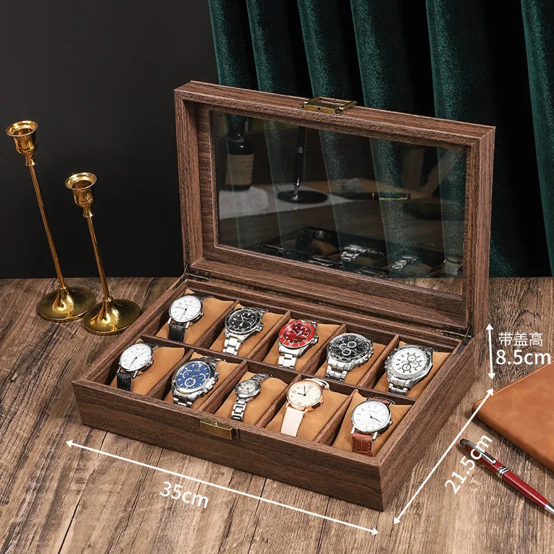 Wood grain PU leather watch storage box with glass lid showing multiple slots with soft pillows