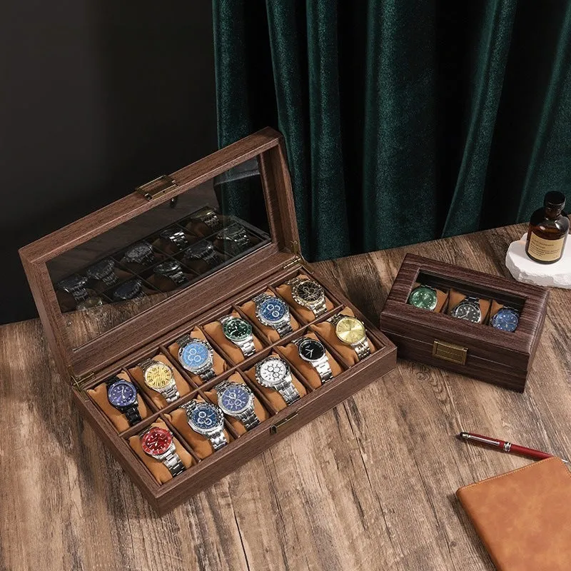 Wood grain PU leather watch storage box with glass lid showing multiple slots with soft pillows