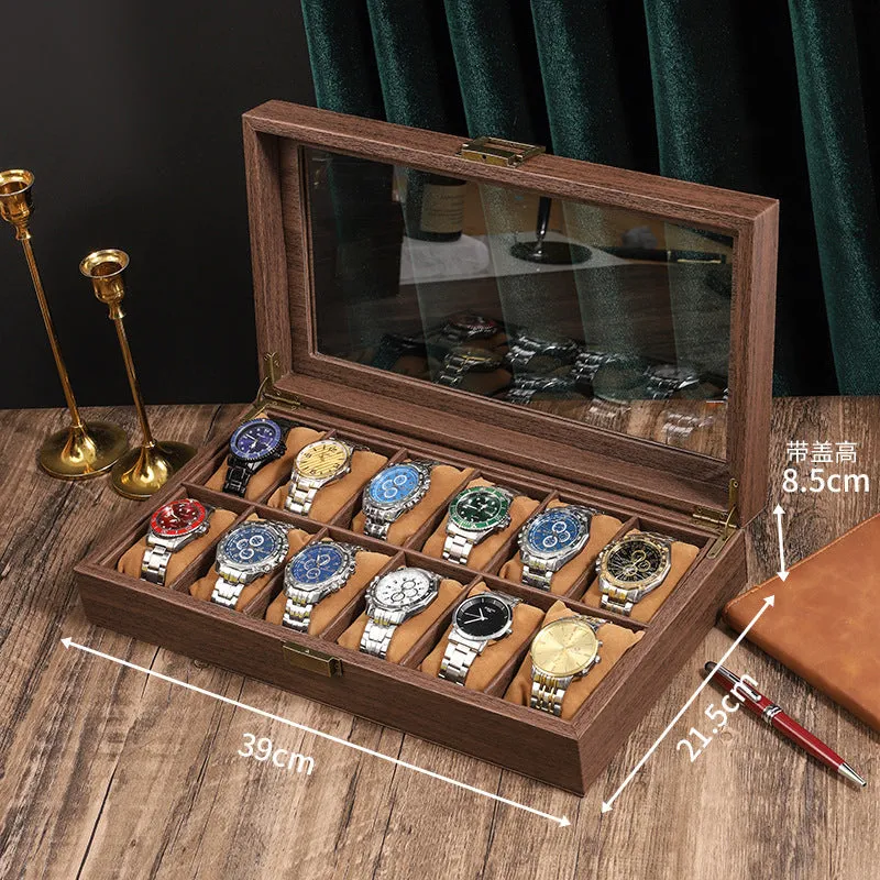 Wood grain PU leather watch storage box with glass lid showing multiple slots with soft pillows