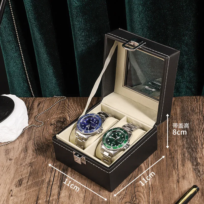 Wood grain PU leather watch storage box with glass lid showing multiple slots with soft pillows