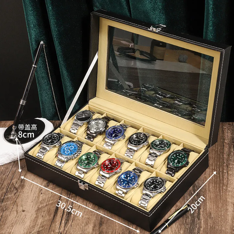 Wood grain PU leather watch storage box with glass lid showing multiple slots with soft pillows