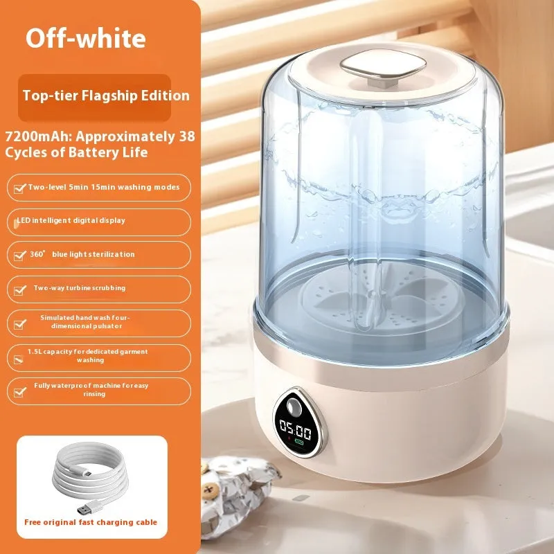 White portable mini washing machine with USB cable on a countertop, showing compact size.