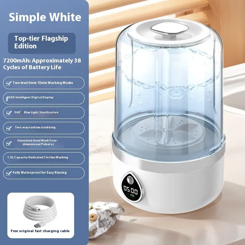 White portable mini washing machine with USB cable on a countertop, showing compact size.
