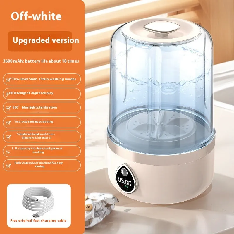 White portable mini washing machine with USB cable on a countertop, showing compact size.