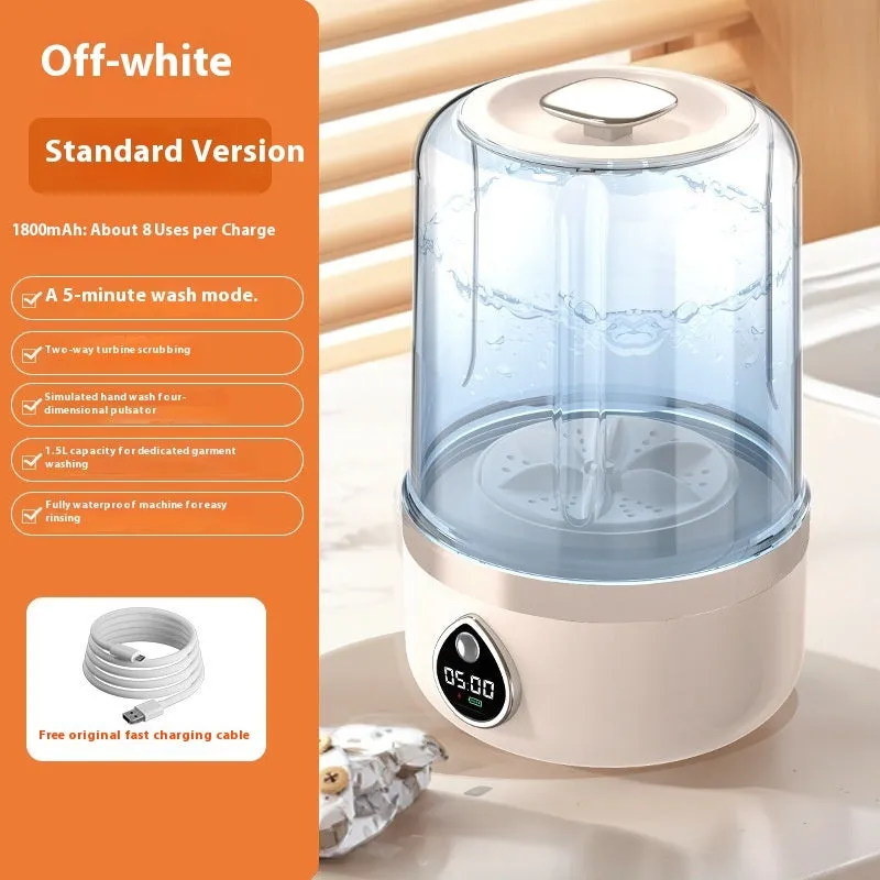 White portable mini washing machine with USB cable on a countertop, showing compact size.