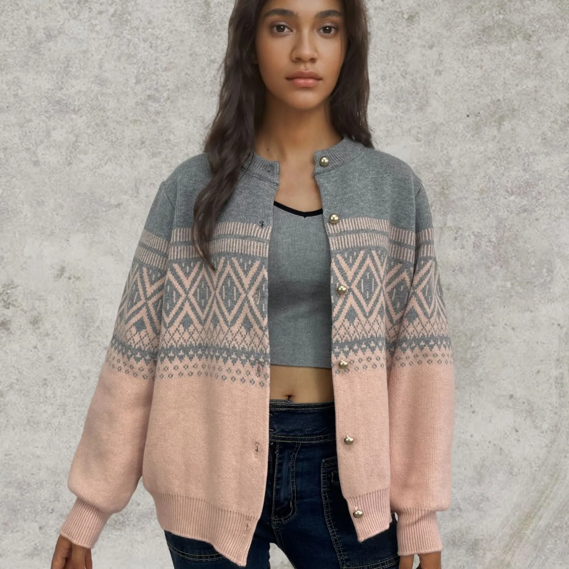 Grey women's alpaca wool cardigan with diamond knit pattern and contrast colour long sleeves.