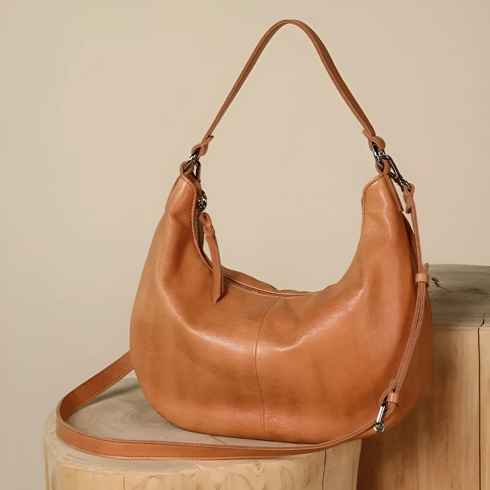 Cortical women's spliced casual crossbody bag in khaki top grain leather dumpling shape 30x7x19cm