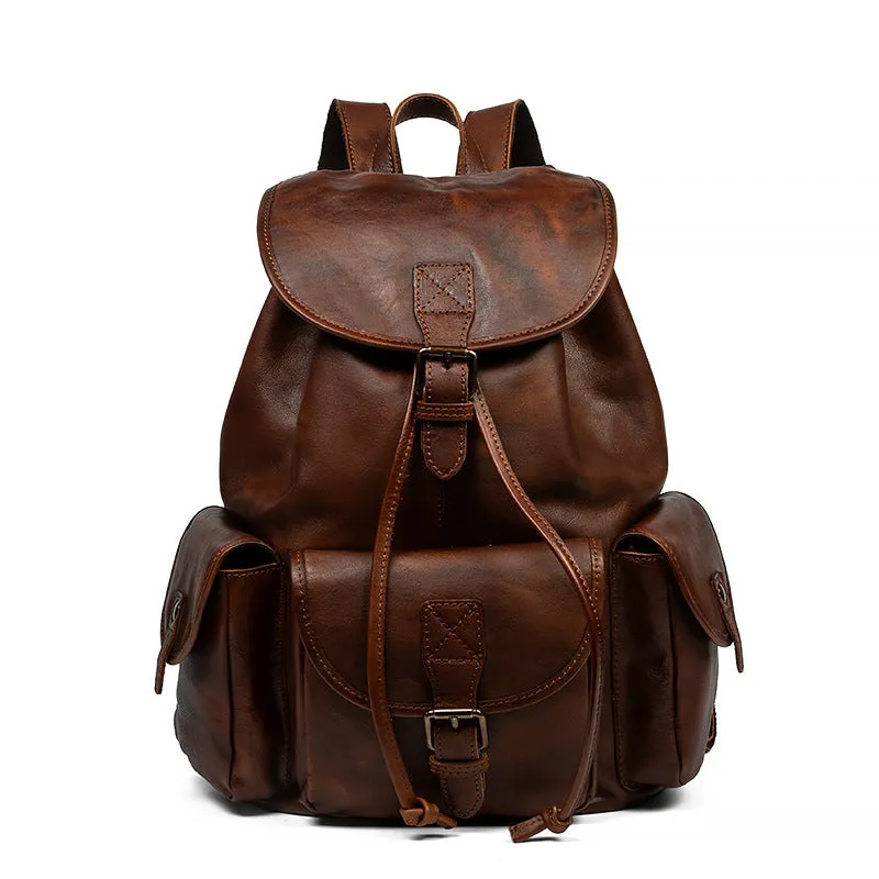Genuine leather retro backpack with ergonomic back panel and geometric pattern in light brown and black 15 inch
