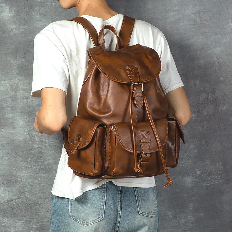 Genuine leather retro backpack with ergonomic back panel and geometric pattern in light brown and black 15 inch