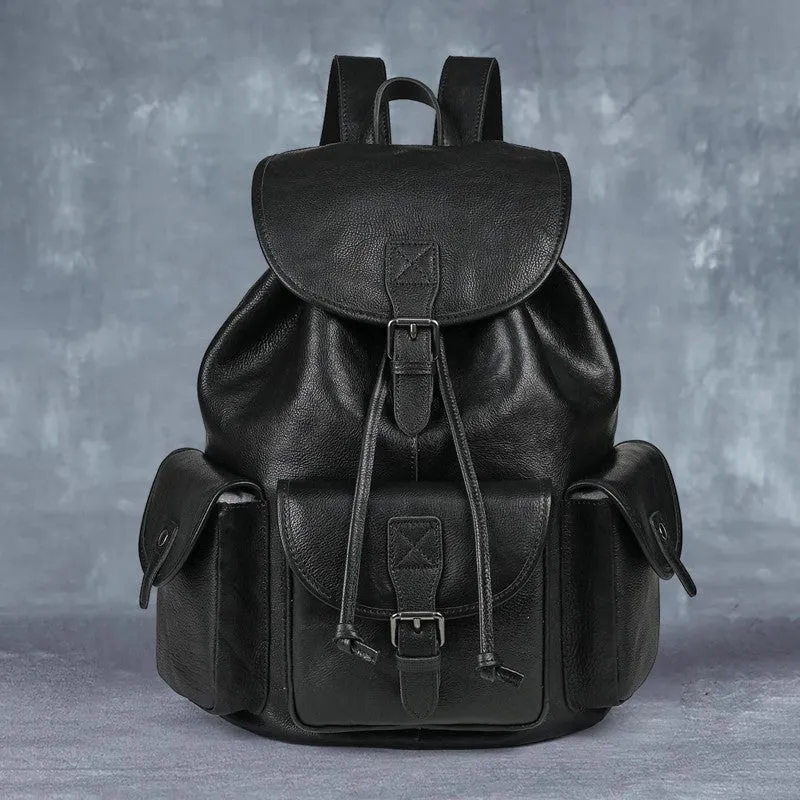 Genuine leather retro backpack with ergonomic back panel and geometric pattern in light brown and black 15 inch
