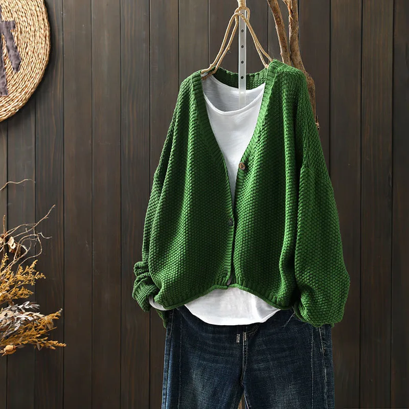 Women's solid colour cardigan thick blended wool acrylic long sleeve loose fit 50cm length beige
