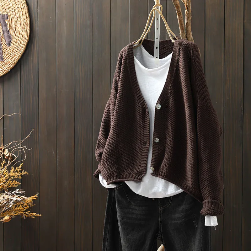 Women's solid colour cardigan thick blended wool acrylic long sleeve loose fit 50cm length beige