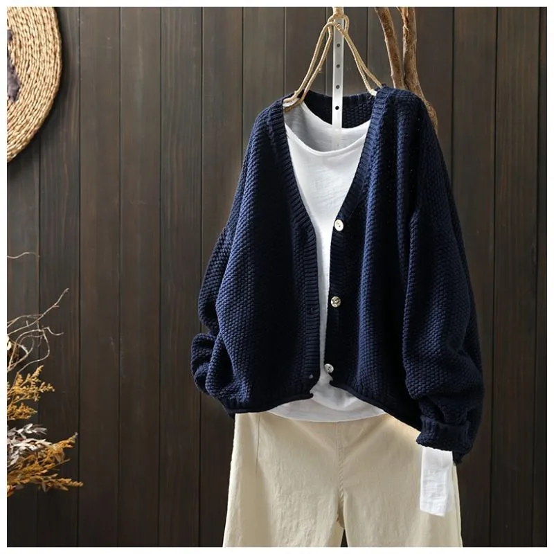 Women's solid colour cardigan thick blended wool acrylic long sleeve loose fit 50cm length beige