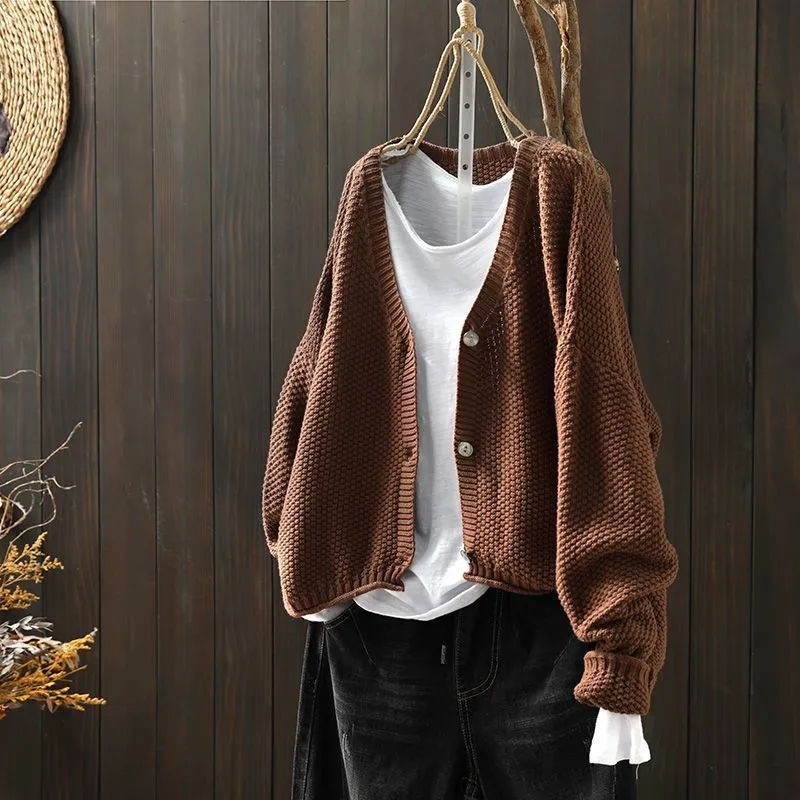 Women's solid colour cardigan thick blended wool acrylic long sleeve loose fit 50cm length beige