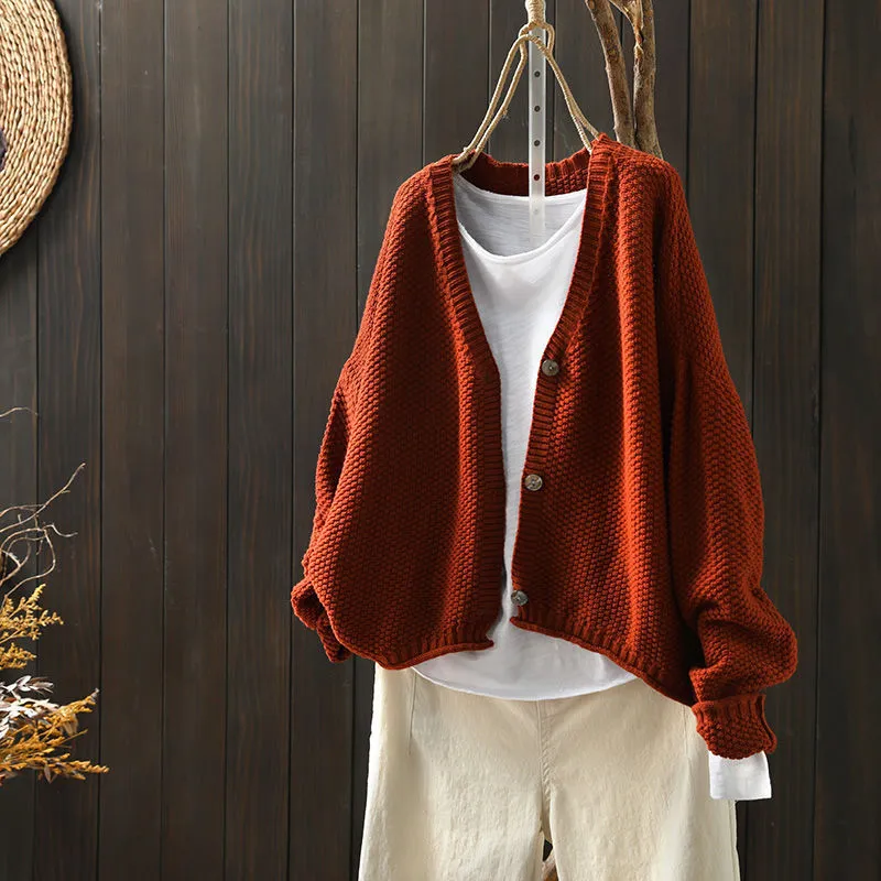 Women's solid colour cardigan thick blended wool acrylic long sleeve loose fit 50cm length beige