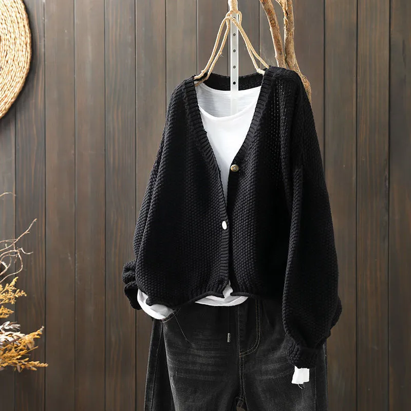 Women's solid colour cardigan thick blended wool acrylic long sleeve loose fit 50cm length beige