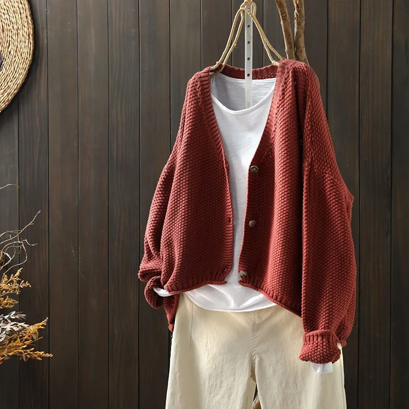 Women's solid colour cardigan thick blended wool acrylic long sleeve loose fit 50cm length beige