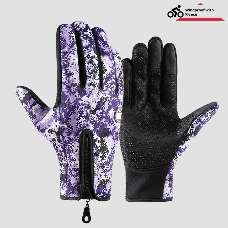 Outdoor cycling skiing mountaineering gloves with upgraded extended three-finger touchscreen in polyester, blue colour, size M