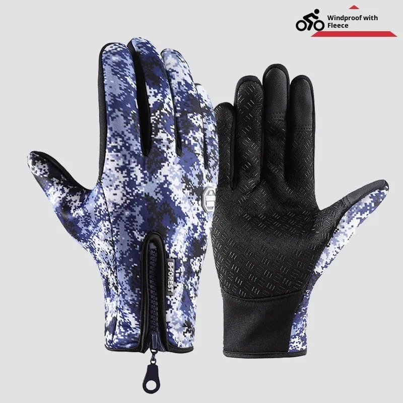 Outdoor cycling skiing mountaineering gloves with upgraded extended three-finger touchscreen in polyester, blue colour, size M