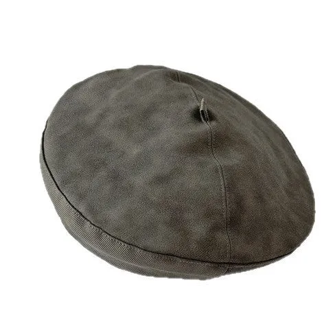 PU beret women's flat top leather hat in army green with satin lining and M size 56-58cm
