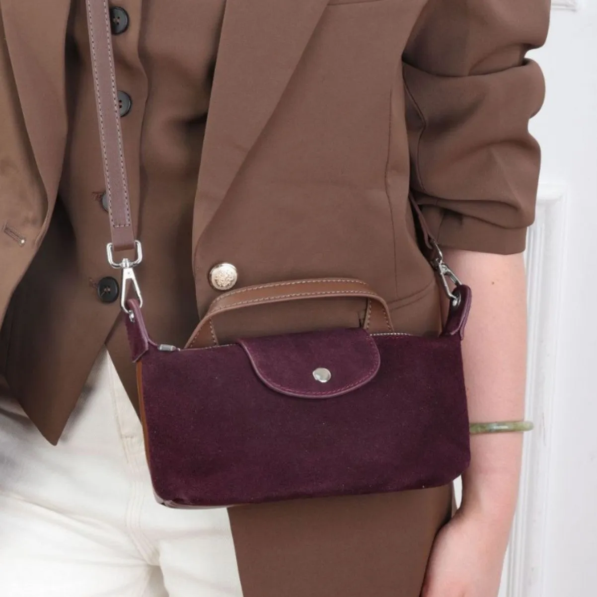 Women's genuine leather spliced dumpling crossbody bag with suede finish in six colour options