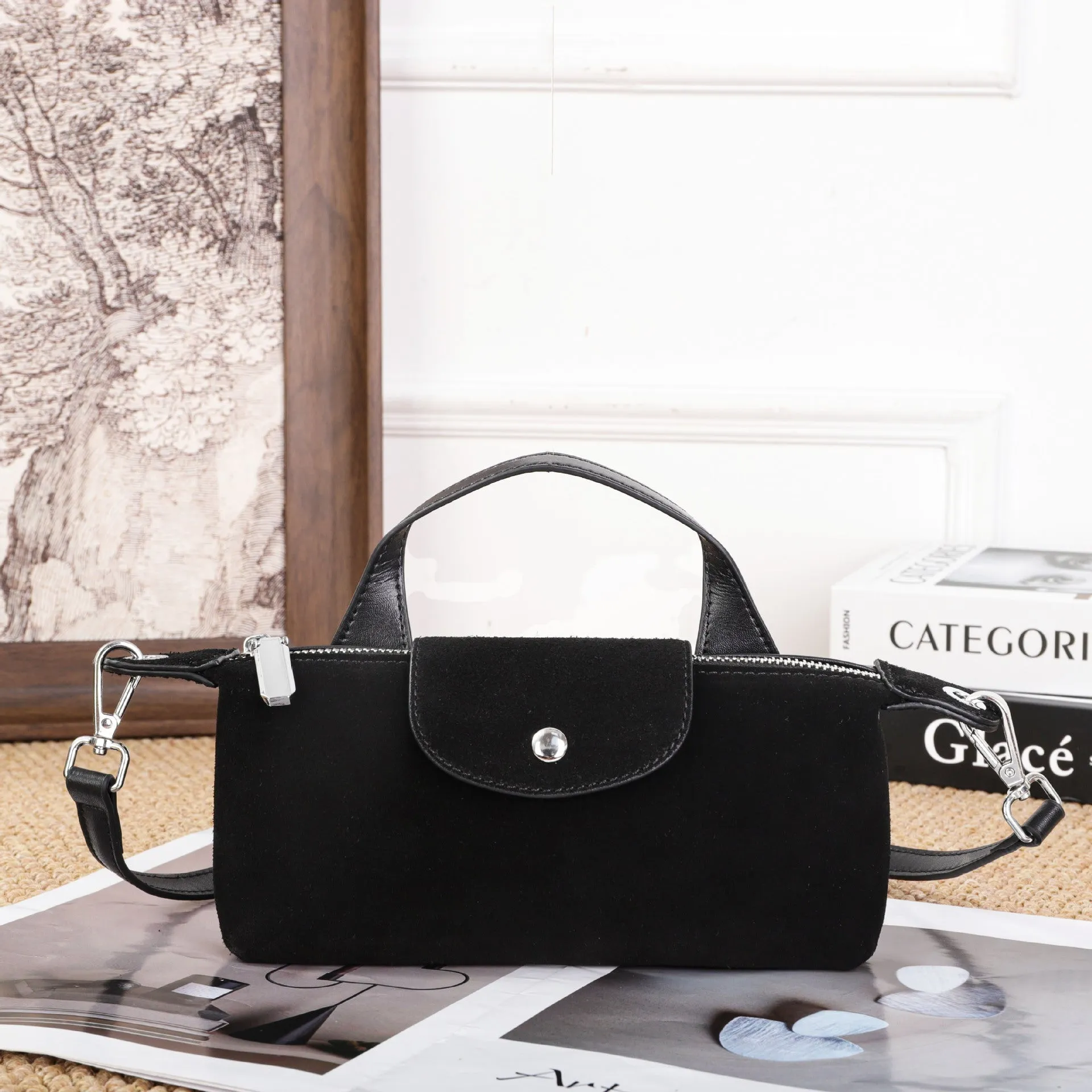 Women's genuine leather spliced dumpling crossbody bag with suede finish in six colour options