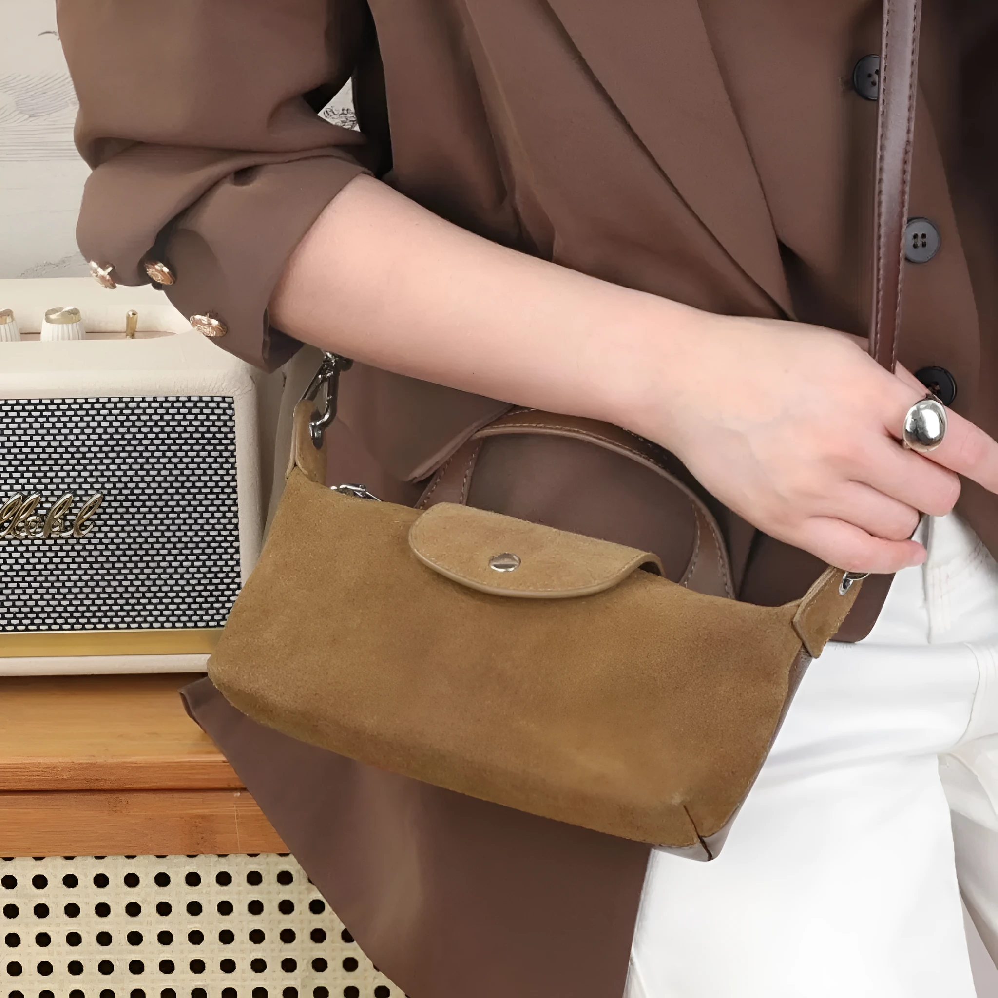 Women's genuine leather spliced dumpling crossbody bag with suede finish in six colour options