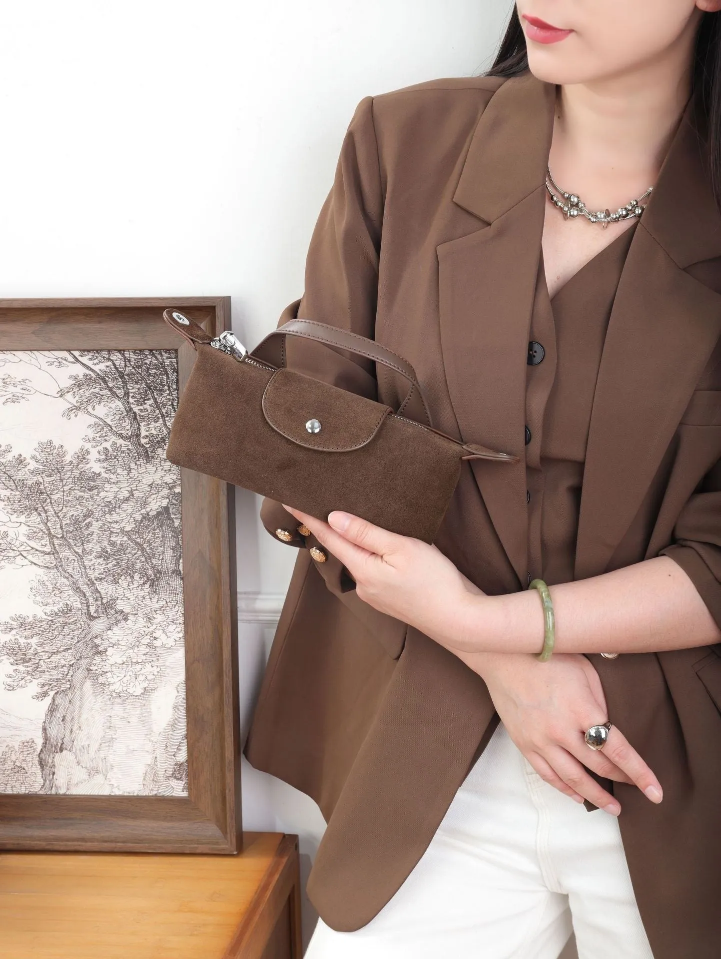 Women's genuine leather spliced dumpling crossbody bag with suede finish in six colour options